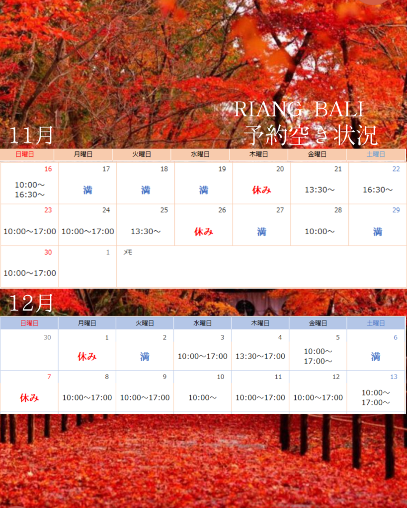 予約空き状況|RIANG BALI(リアンバリ)|半田市のトータルエステ 美肌フェイシャルと本場のバリニーズマッサージサロン